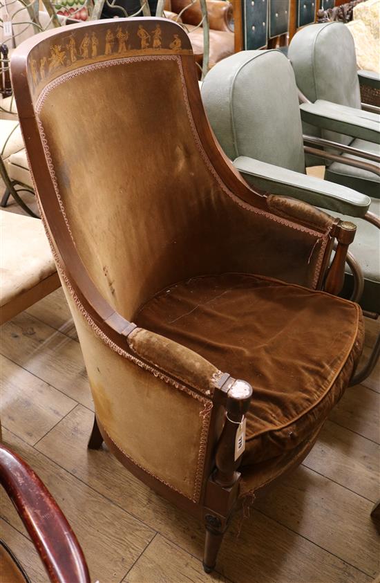 An Italian tub shaped library chair, the crest rail inlaid with classical figures
